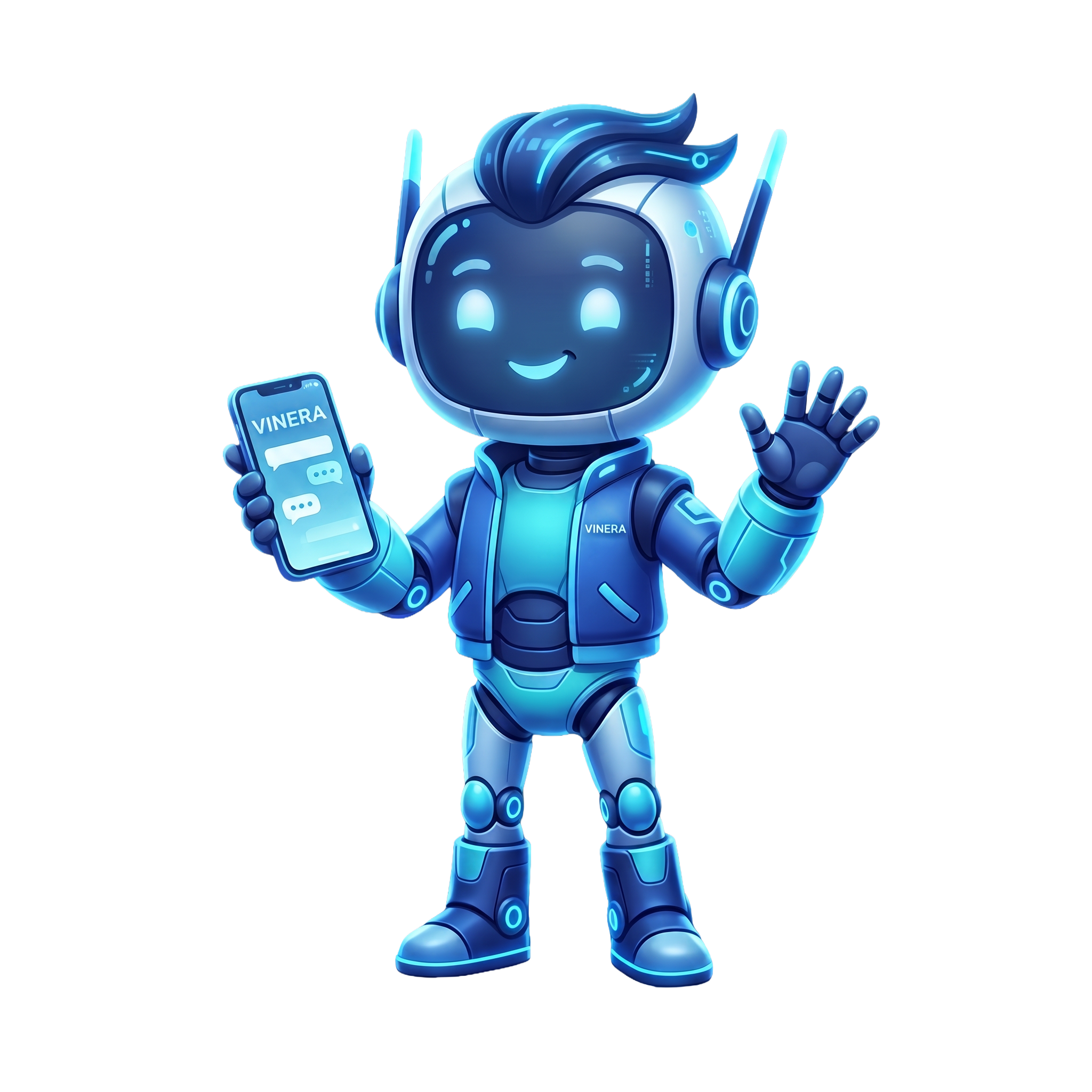 Mascote Vinera segurando um celular